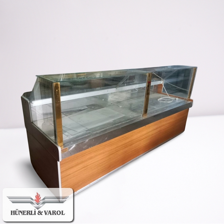 2. El Şarküteri Dolabı Düz Camlı Ahşap Desenli 250x120x135 Ebatlarında