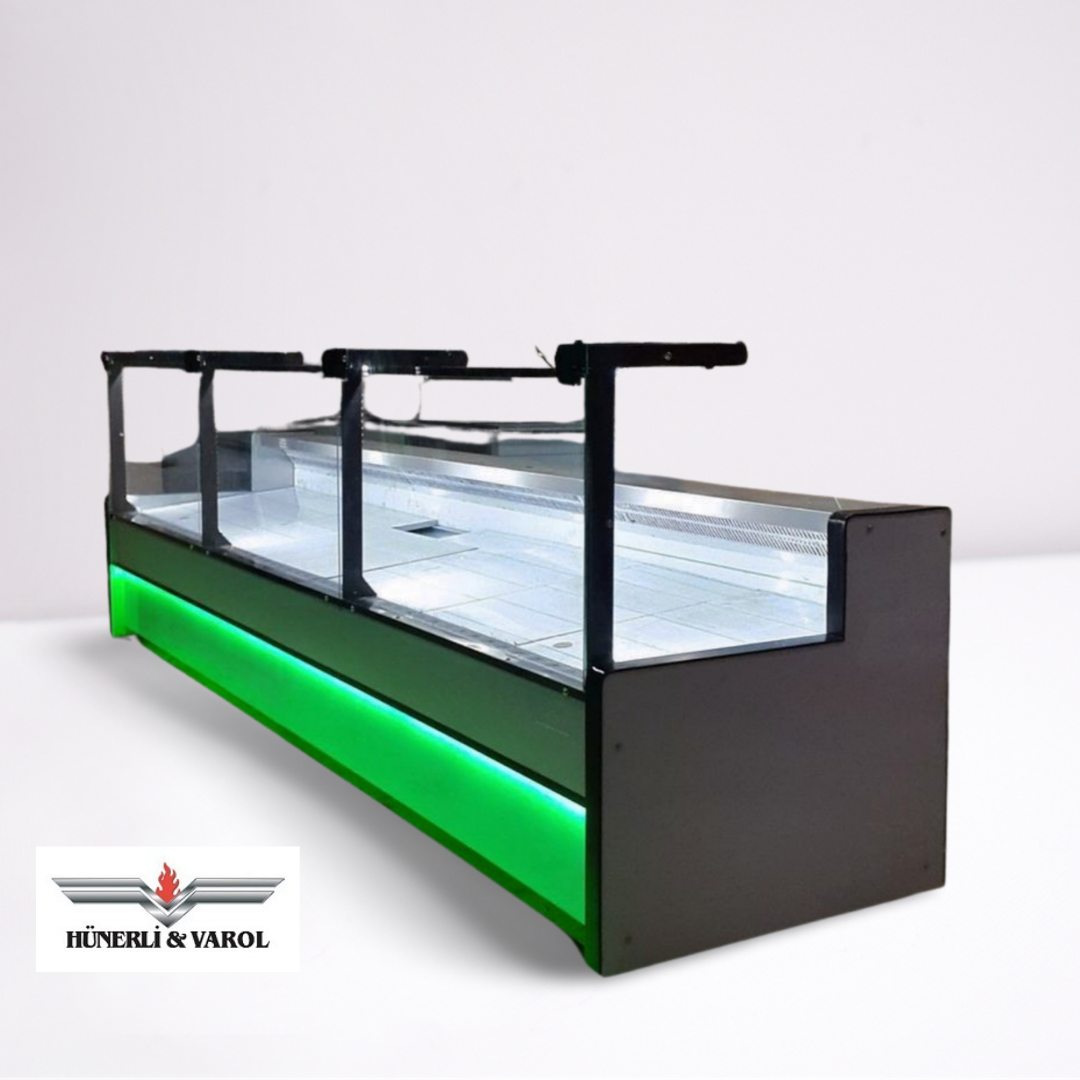 Özel Üretim Şarküteri Dolabı 300x120x125 Ebatlarında Düz Amortisör Camlı - HVS-Tarifa