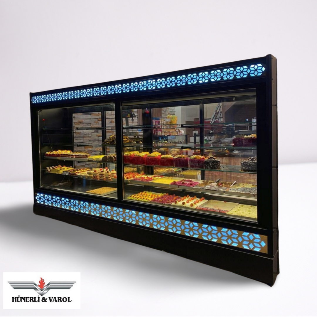 Özel Üretim Pastane Dolabı 350x80x205 Ölçülerinde Gold Aydınlatmalı - HVS -308